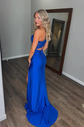 Royal blue One Shoulder Lace Prom Dress Cut Out